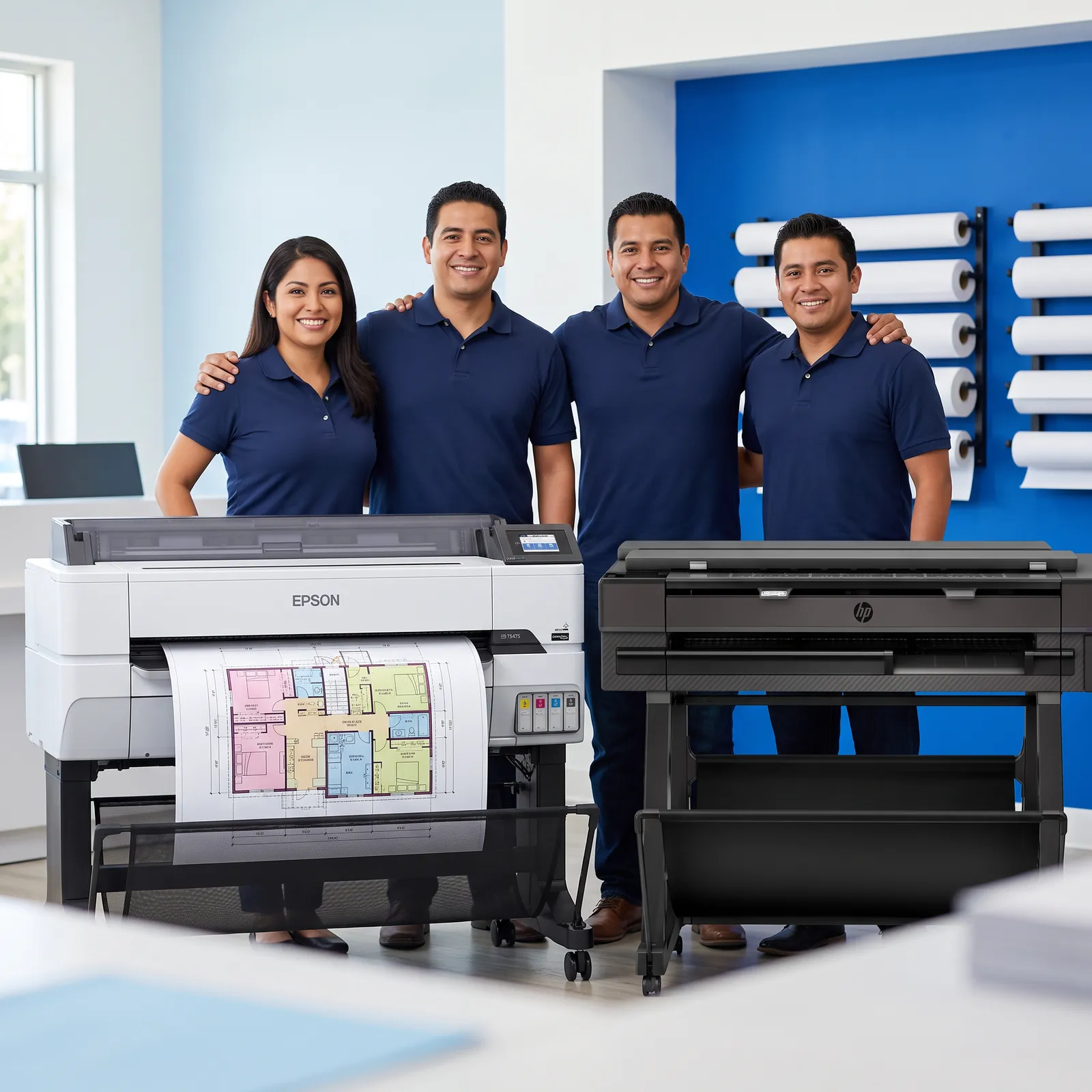 Asesores en un showroom junto a plotters Epson y HP