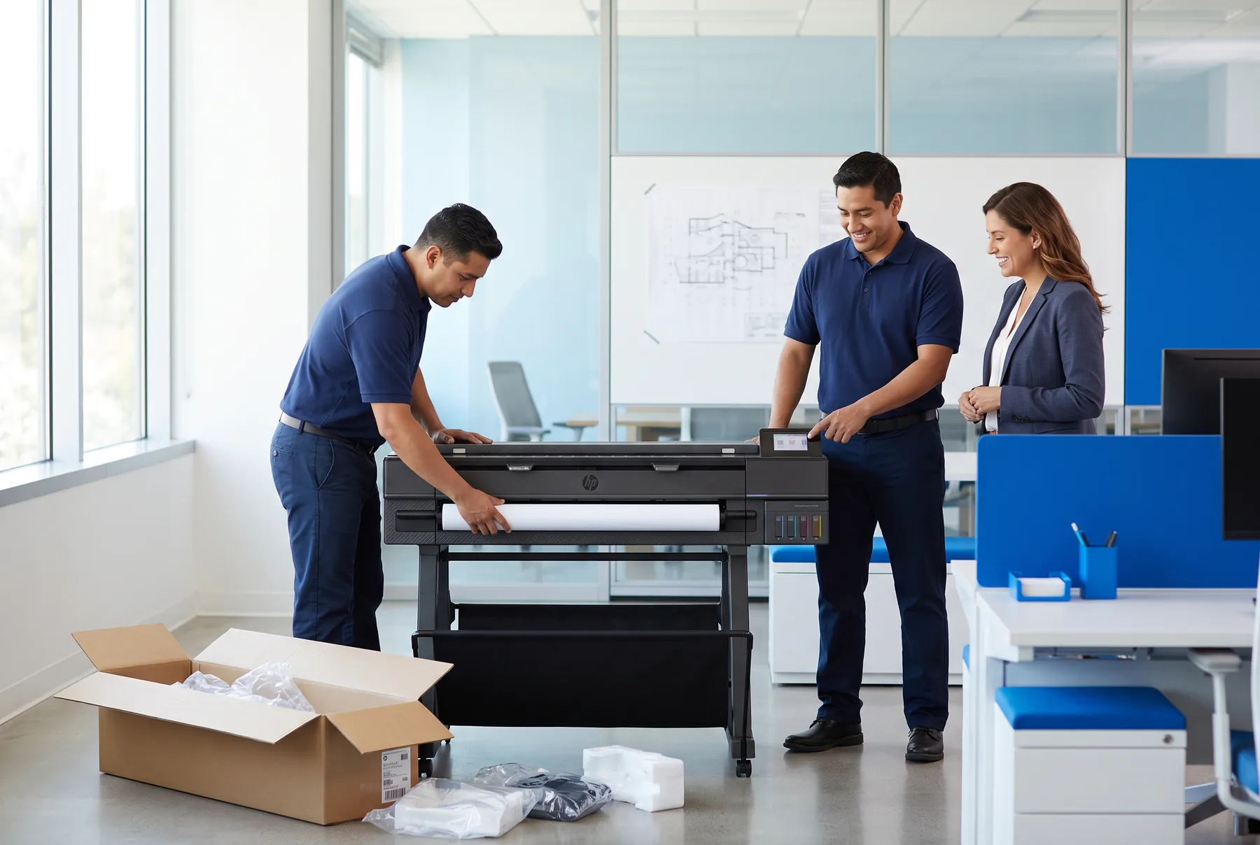 Técnicos instalando un plotter HP DesignJet en una oficina