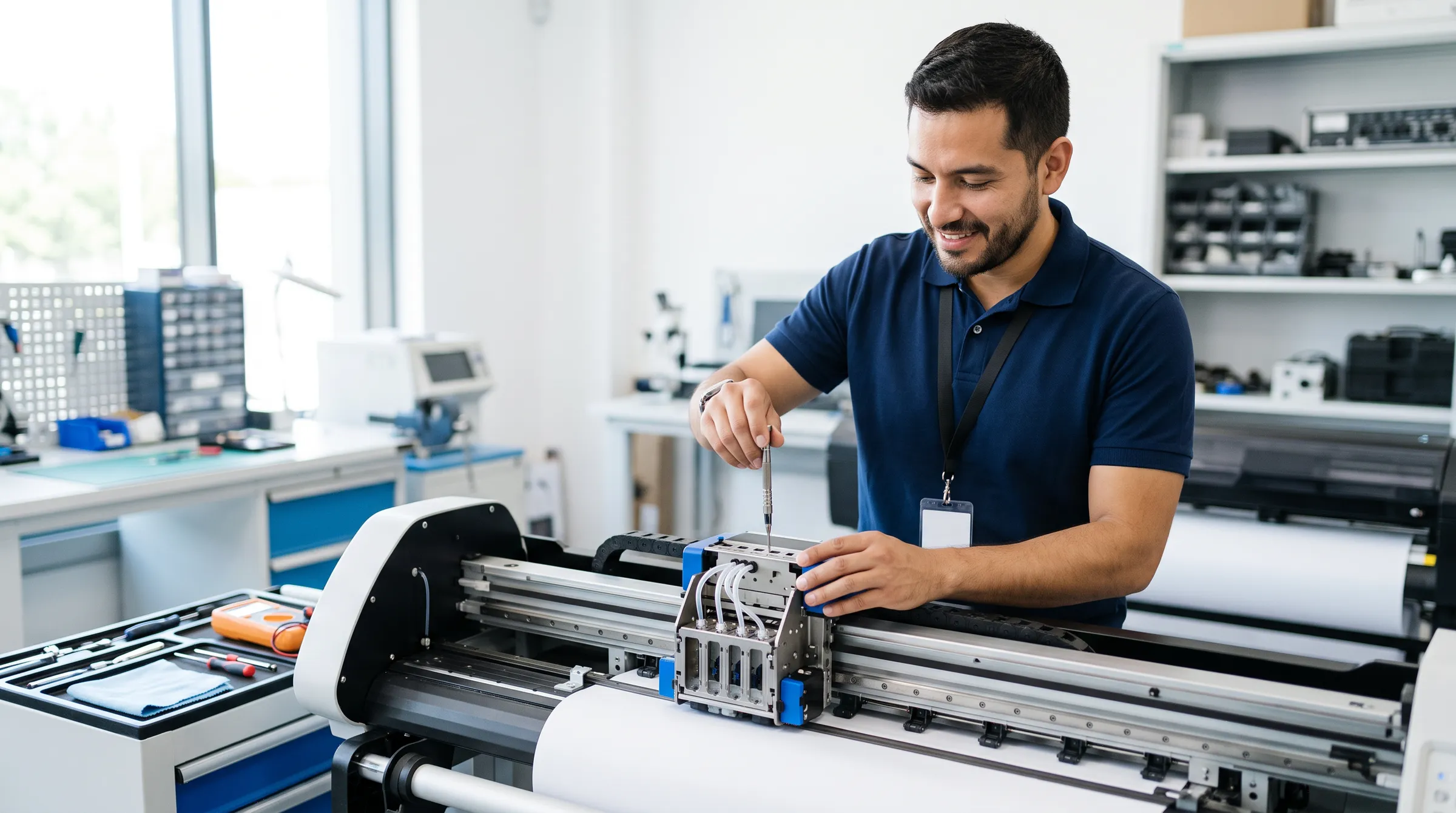 Técnico calibrando el carro de cabezales de un plotter