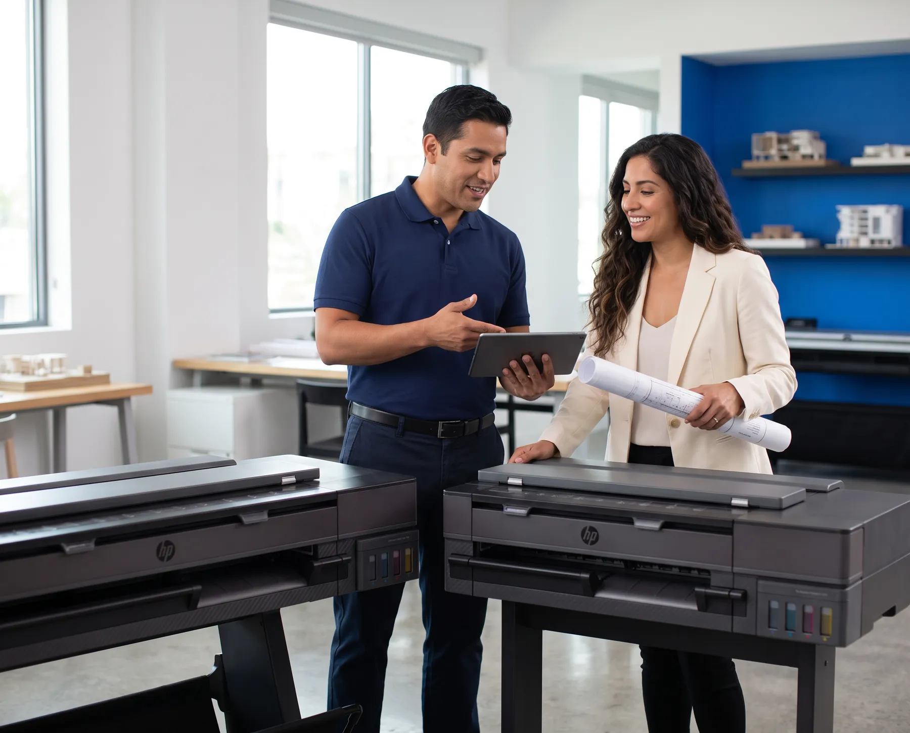 Técnico de servicio explicando el estado de un plotter HP a una arquitecta