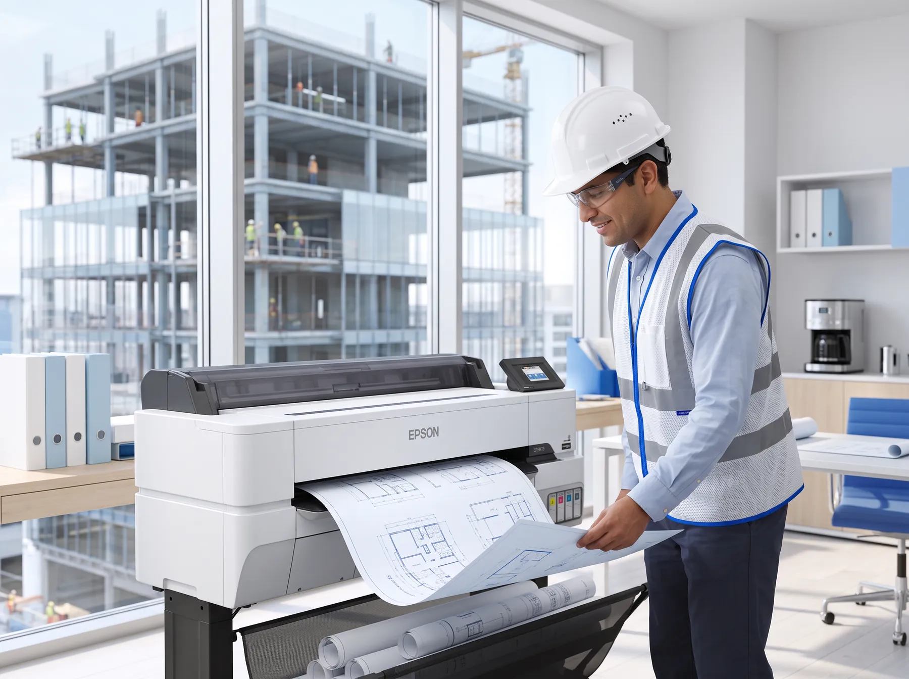 Ingeniero de obra recogiendo planos recién impresos de un plotter Epson en la oficina del proyecto