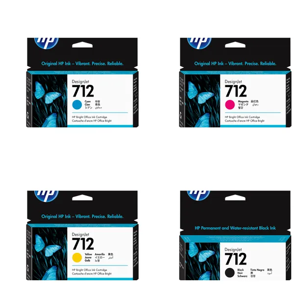 Kit de tintas HP 712 (negro 38 ml): 4 cartuchos de tinta original HP 712 para plotter HP DesignJet T210, T250, T650 y Studio