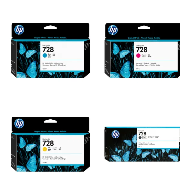 Kit de tintas HP 728 (130 ml): 4 cartuchos de tinta original HP 728 para plotter HP DesignJet T730 y T830 MFP