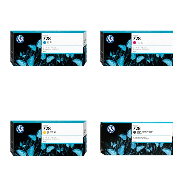Kit de tintas HP 728 (300 ml): 4 cartuchos de tinta original HP 728 para plotter HP DesignJet T730 y T830 MFP