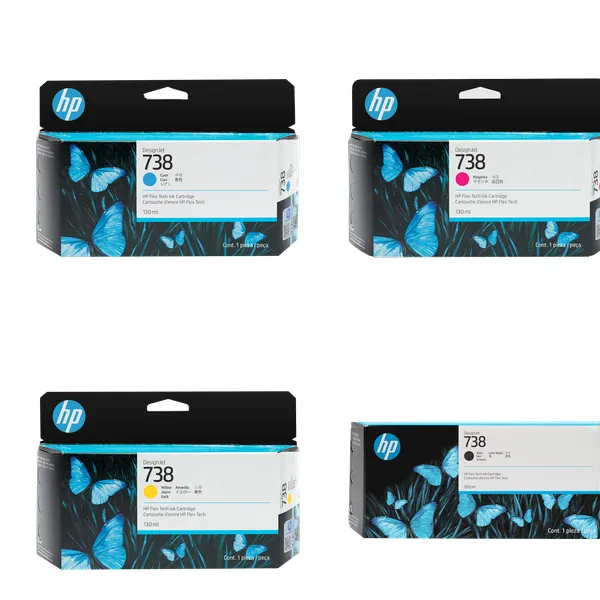 Kit de tintas HP 738 (130 ml): 4 cartuchos de tinta original HP 738 para plotter HP DesignJet T850, T850 MFP, T950 y T950 MFP