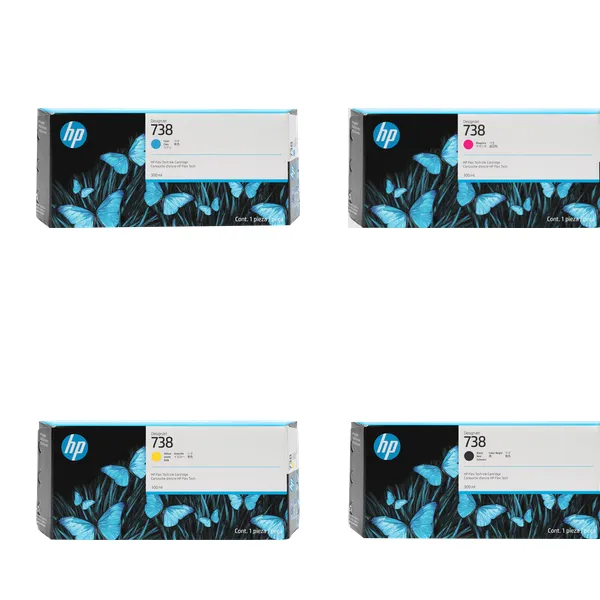 Kit de tintas HP 738 (300 ml): 4 cartuchos de tinta original HP 738 para plotter HP DesignJet T850, T850 MFP, T950 y T950 MFP
