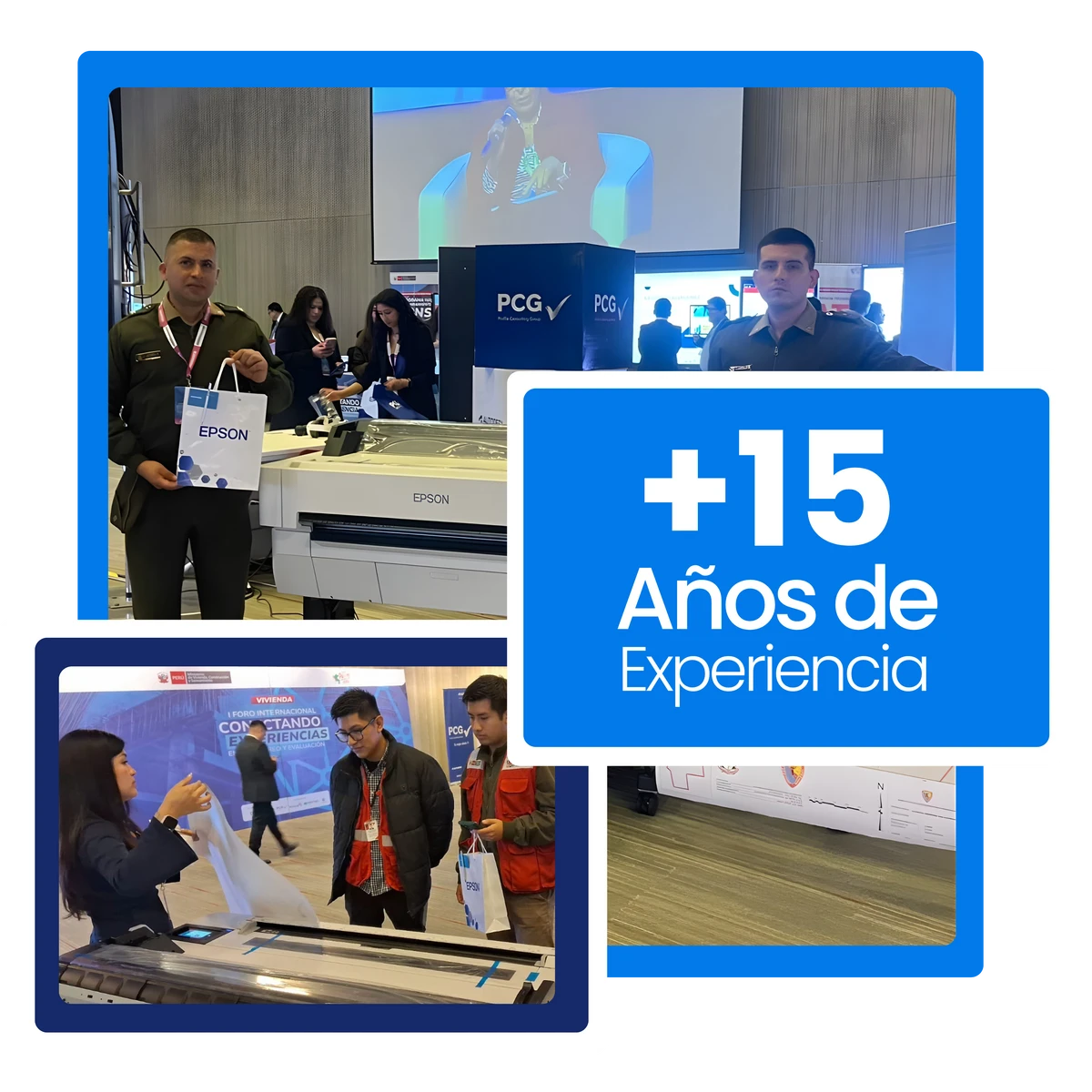 Equipo de ADEMSIS mostrando plotters Epson en un foro internacional de vivienda
